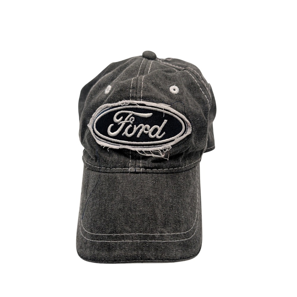 Ford Hat Mens OSFM Gray Distressed Baseball Cap Logo Frayed Patch Adjustable